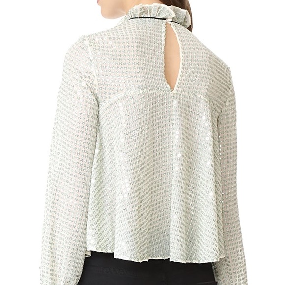 SALONI Tyler Top Tie Neck Striped Sequined Tulle Blouse - Picture 4 of 8